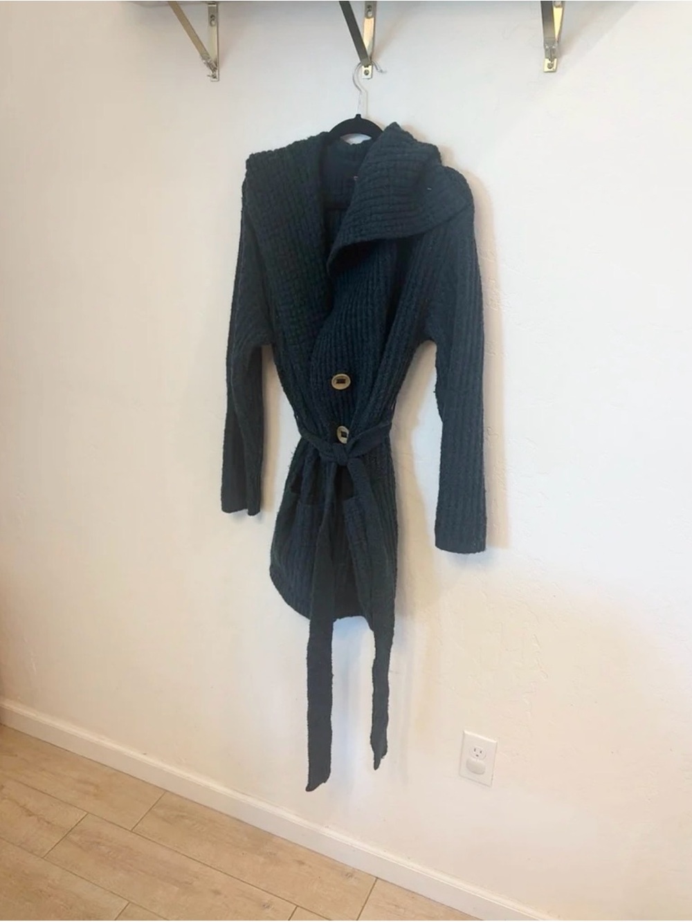 Free People Black Long Knit Belted Cardigan. Emerald Green.